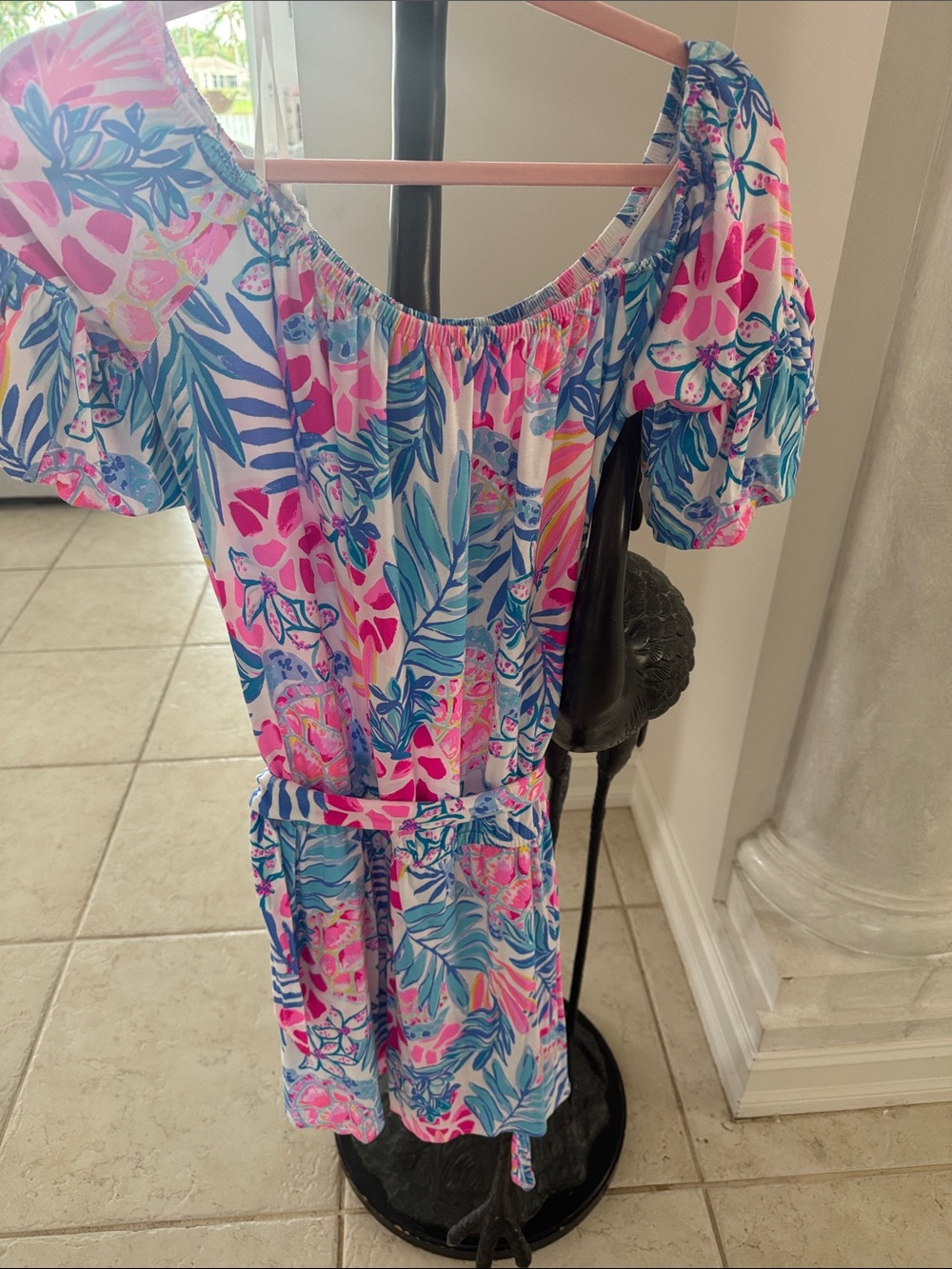 Floral Off-Shoulder Romper in Pink and Blue